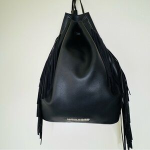 🎀SUMMER SALE Black Motto Fringe Vegan Leather Backpack